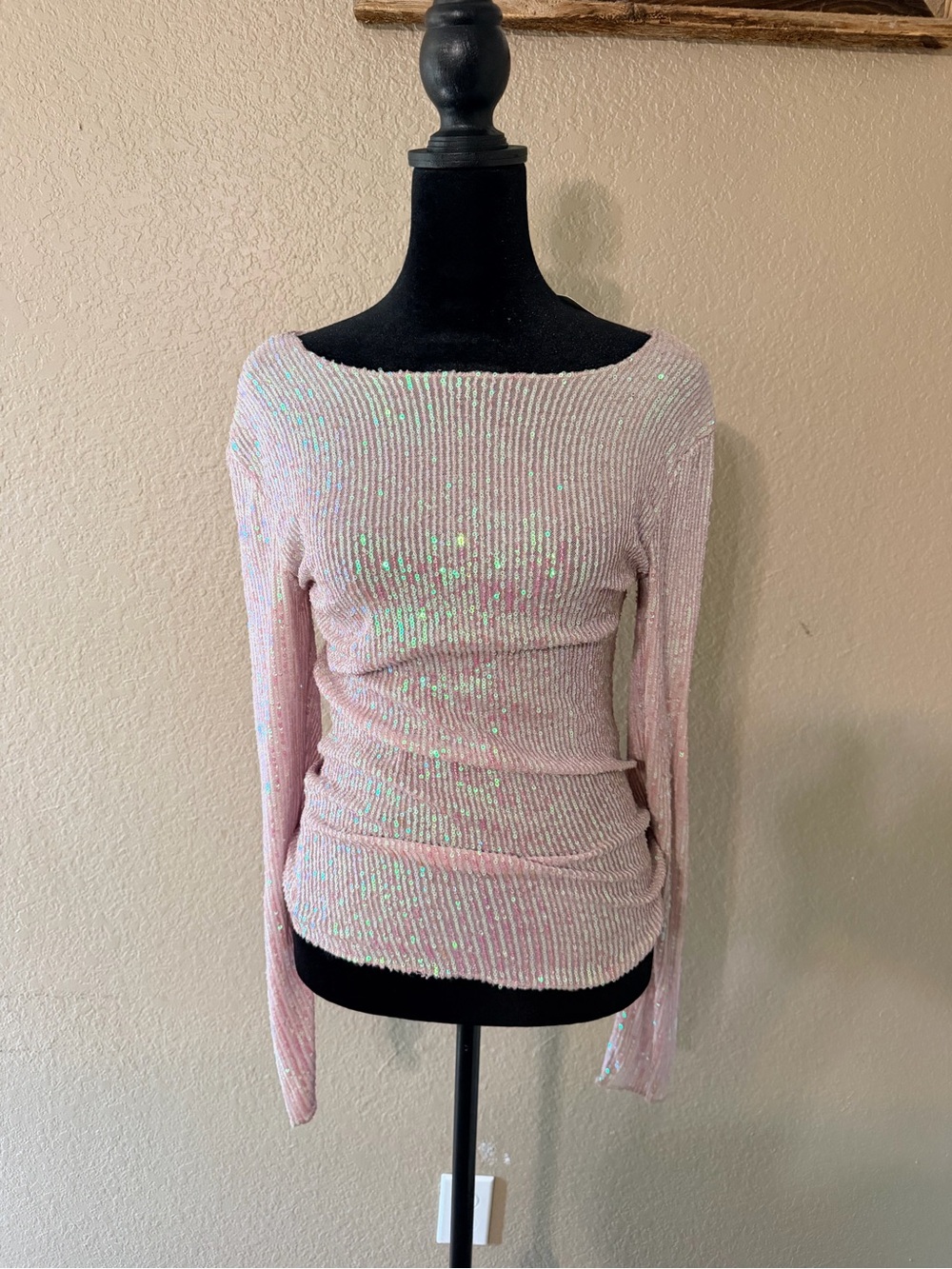Free People Pink Iridescent Off-the-Shoulder Sequin Sweater